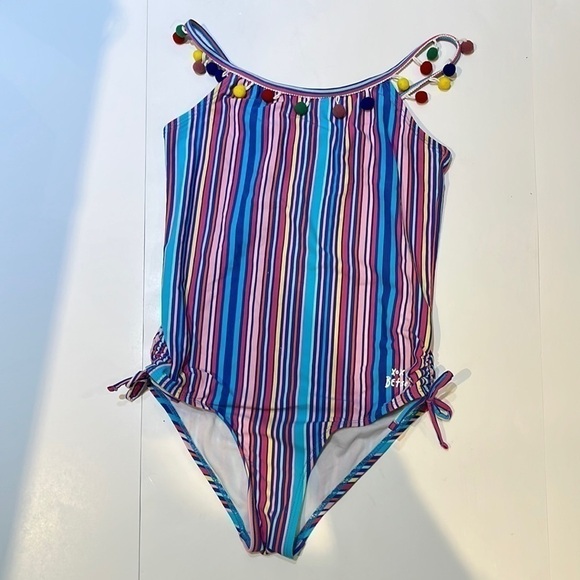 Betsey Johnson Girls One Piece Striped Bathing Suit with Pom Poms size 14 - Picture 3 of 13
